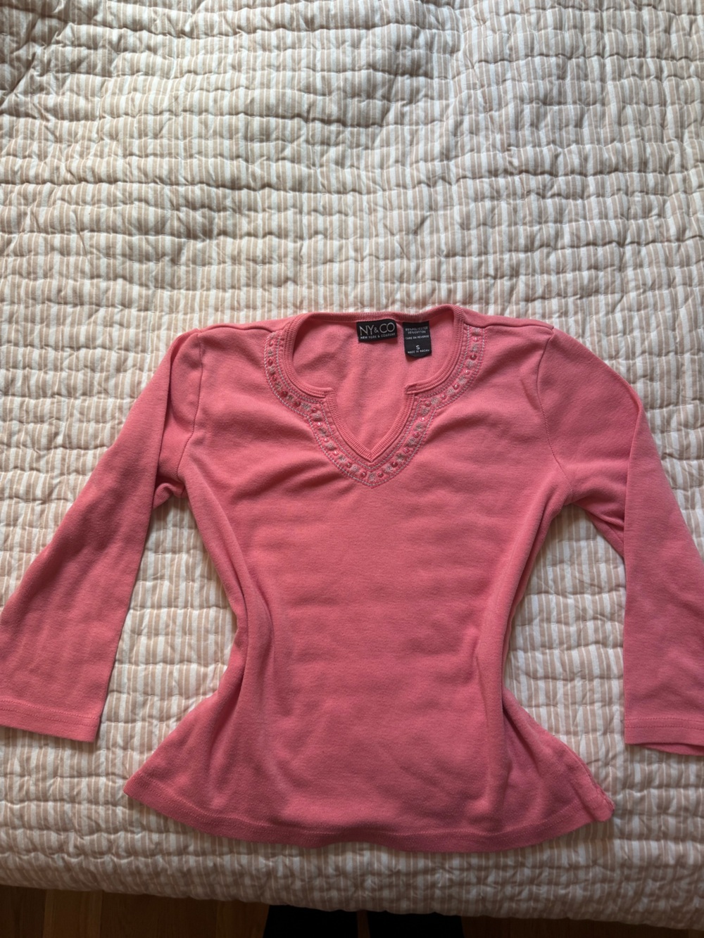 New York & Company Coral Pink Scoop Neck Sweater with Embellished Trim